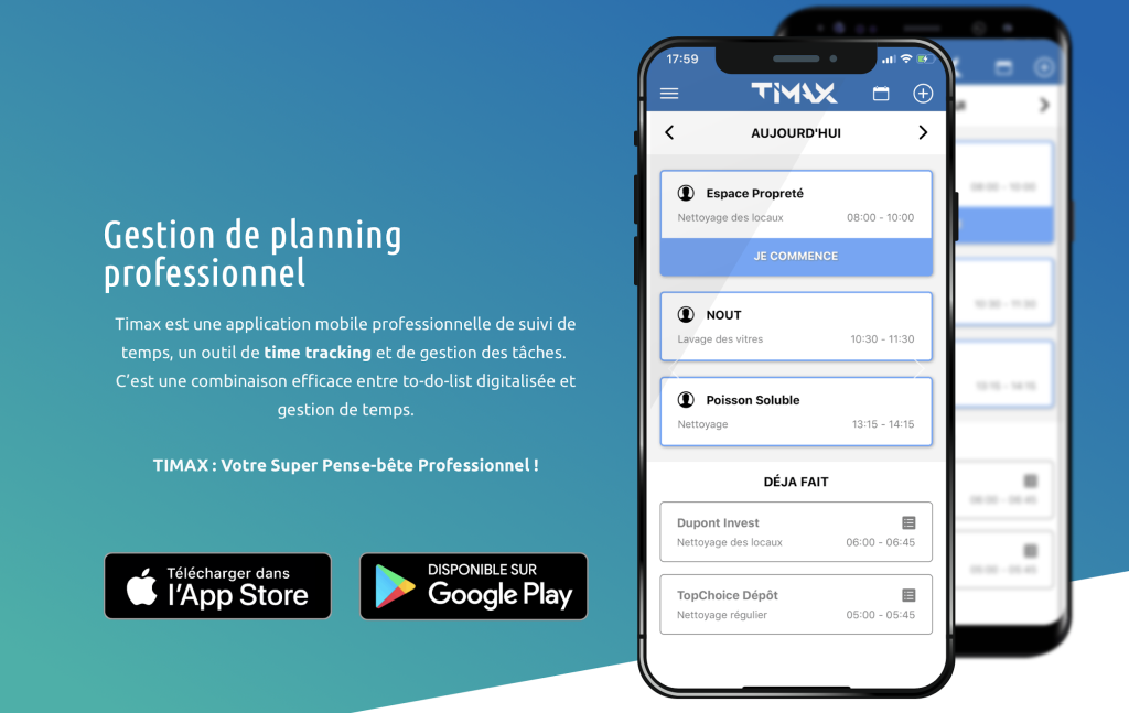 Visuel de l'application Timax que nous utilisons "Gestion de planning professionnel"